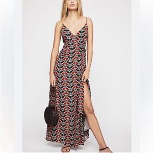 Free People Siren Ring Wrap Dress Maxi Side Tie Geo Printed